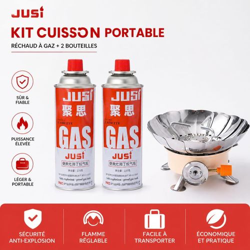 Kit Cuisson Portable JUSI Réchaud à Gaz + 2 Bouteilles