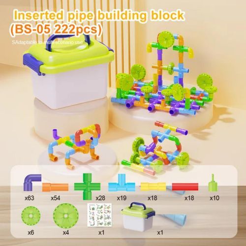 Jeu de Construction Éducatif 222 Pièces – Blocs Tubes & Roues – Kit Créatif pour Enfants avec Boîte de Rangement