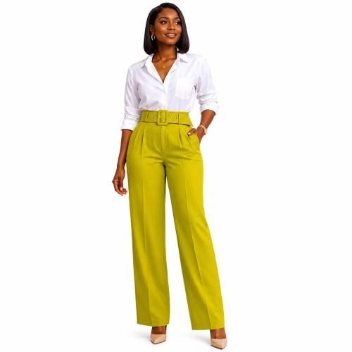 Pantalon Femme en Tissu Élégant avec Ceinture - Vert