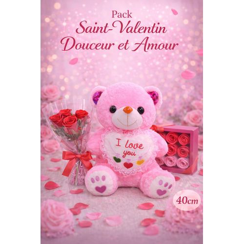 Pack de Saint Valentin avec bouquet de fleurs et peluche 40 cm