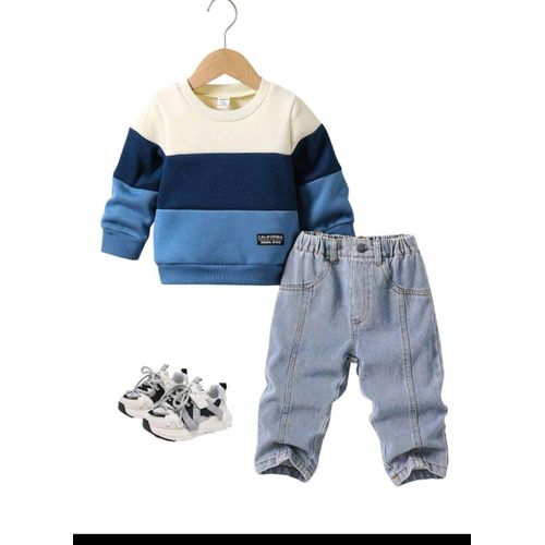 2 pièces Ensemble Sweat-shirt ample en polaire patchwork et pantalon de jogging ample pour bébé garçon/fille,