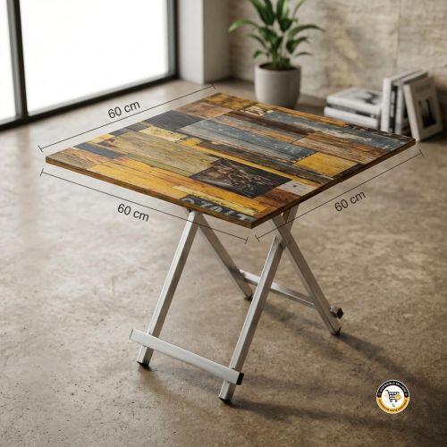 Lot de 2 Tables Pliables Ultra-Compacts – Plateau Motif Bois Vintage Mosaïque, Structure Métallique Robuste Pour Cuisine, Balcon & Salon