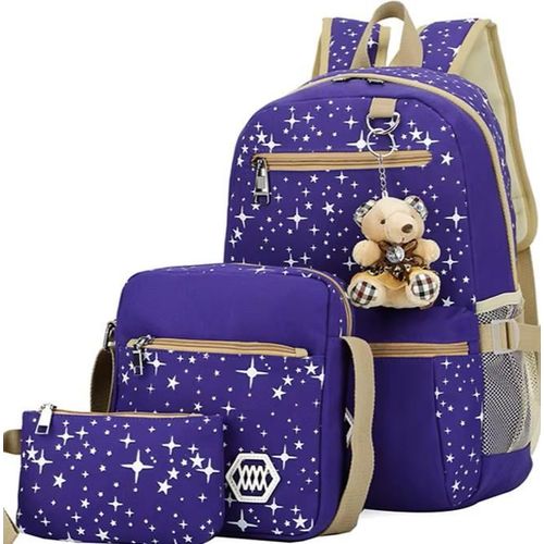 Ensemble de 3 pièces - grand sac à dos étudiant/collège pour fille avec pendentif ours (sac d'école + sac à bandoulière + trousse)