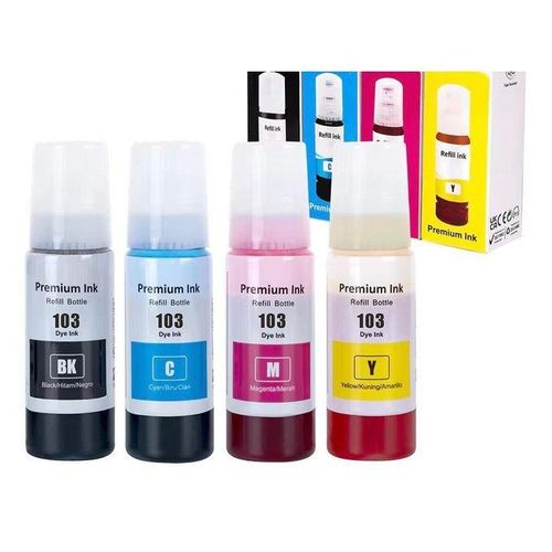 KIT DE RECHARGE D'ENCRE POUR IMPRIMANTE EPSON L3250. ( BOUTEILLE : N°103 ) : NOIRE, BLEU, ROUGE, JAUNE ). VG