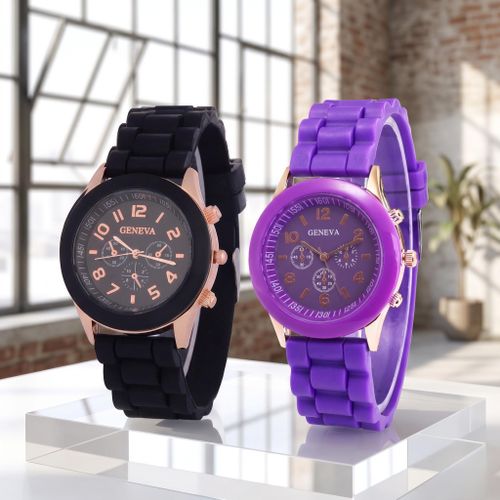 Ensemble de Montres de Couple Geneva - Bracelets Silicone Noir et Violet