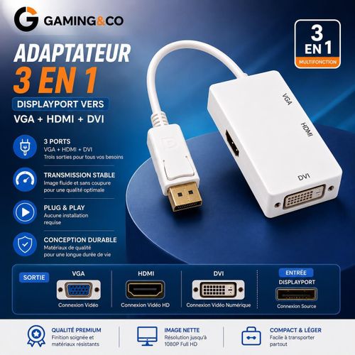 Adaptateur DisplayPort vers HDMI + VGA + DVI 3-en-1 - Convertisseur Hub Vidéo Multi-Ports pour PC et Carte Graphique - Full HD 1080P, Plug & Play, Blanc