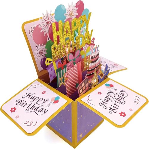 Carte d'Anniversaire, Carte d'Anniversaire 3D Pop-Up Happy Birthday, Carte Pliable Faite Main avec Enveloppe