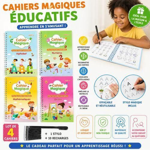 Gr Cahiers Magiques Enfant 3-6 Ans Lot 4 Écriture Alphabet Math Dessin Réutilisable Stylos inclus