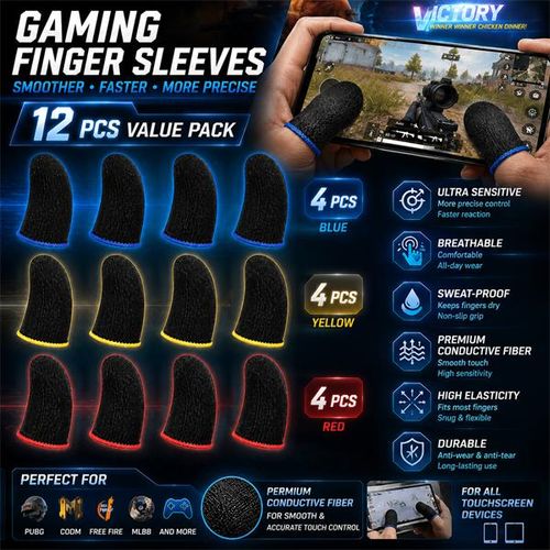 Ensemble de 12 manchons de jeu pour doigts/pouces – Manchons pour manettes de jeu mobiles tactiles anti-transpiration, respirants et sans couture, adaptés à PUBG