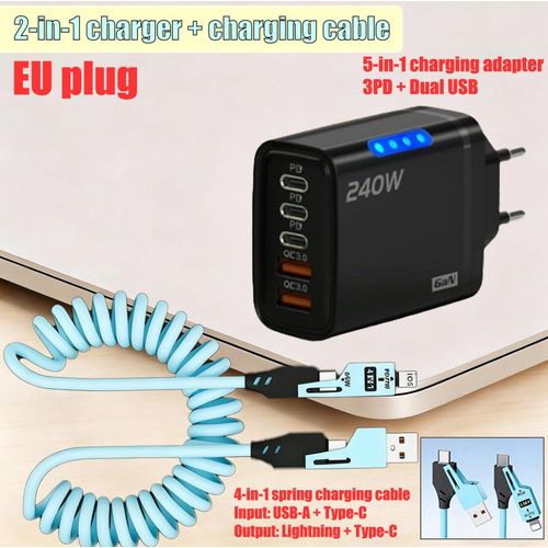 Prise européenne Chargeur rapide 5 ports 240 W - Chargeur universel USB Type-C 5 en 1/Chargeur mural -Câble de données USB à charge rapide 4 en 1