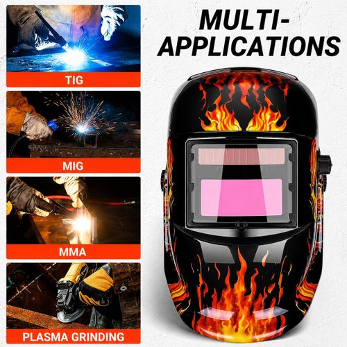 Casque de Soudage Auto-Assombrissant, Masque de Soudure Solaire True Color, pour TIG/MIG/MMA et Meulage, Motif Crâne Flammes