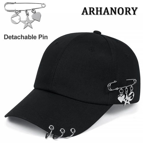 Casquette de baseball ajustable pour hommes et femmes avec épingle métallique amovible et pendentif sur le côté - Noire