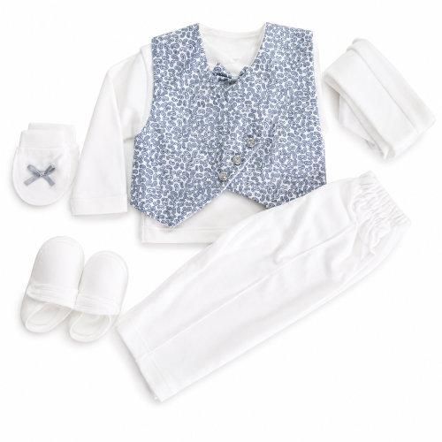 Coffret baptême garçon - Naissance - Blanc à motifs (Gilet, pantalon, bonnet, gants & chaussures) - Gris