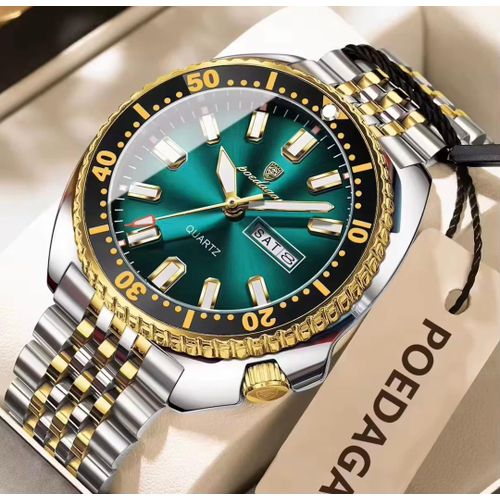 Montre homme à bracelet acier quartz avec lumière de nuit étanche et verre antichoc -Argent Fond Vert