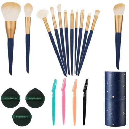 Ensemble de 12 Pinceaux à Maquillage avec 4 Épileurs à Sourcils et 3 Eponges à Maquillage