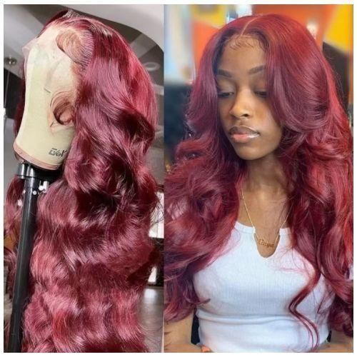 Perruques Avant En Dentelle Ondulée Bordeaux (26 Pouces)