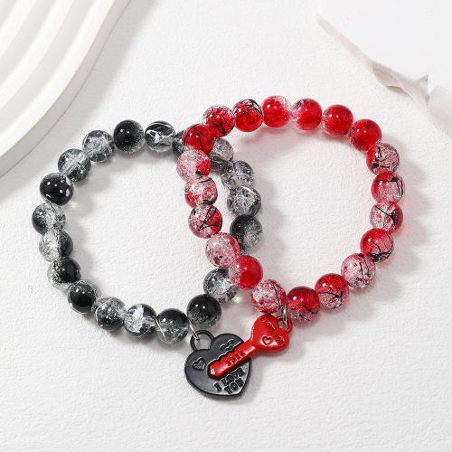 2 pièces de bracelets couple romantiques avec charmes en forme de cœur pour femmes et hommes - Noir/Rouge