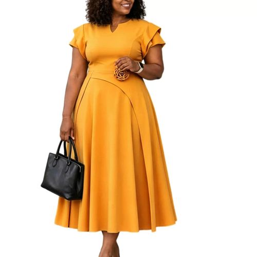 Robe Femme Longue Élégante JAUNE – Coupe Évasée à Manches Volantées