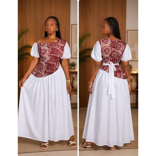 Robe Longue Élégance Moderne – Blanc & Motifs Bordeaux
