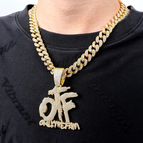 Ensemble collier et pendentif hip-hop doré pour homme - Collier cubain de 50cm avec strass