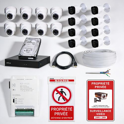 Kit de Surveillance Intégral 16 Caméras Mixte (Intérieur/Extérieur Étanche) – Système Complet Anti-Intrusion avec Enregistrement Continu 2To et 2 Pancartes Propriété Privée