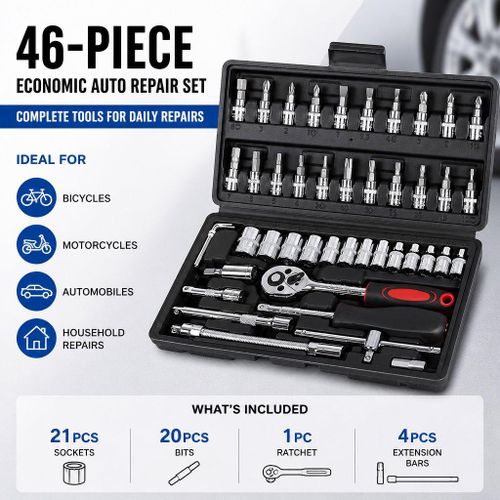 Coffret de 46 outils de réparation automobile avec douilles et clés – Noir