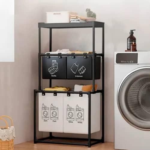 Étagère de Rangement pour Buanderie avec Paniers à Linge Intégrés - Organisateur Gain de Place Multifonction