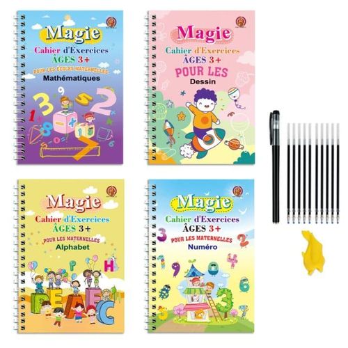 Kit Magie Cahiers d'Exercices Réutilisables 4 en 1 Pour Enfants 3 Ans et Plus – Alphabet, Mathématiques, Numéros et Dessin + Stylo + Recharges