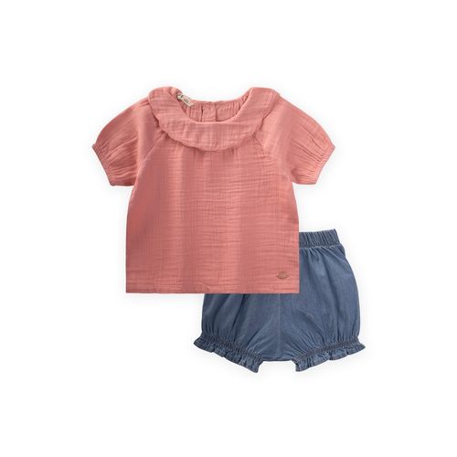 Ensemble Bébé Fille short en jean et col en mousseline - Pêche
