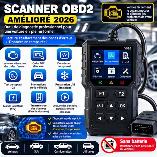 Scanner Diagnostic Automobile OBD2 V526 - Valise Multimarque Professionnelle - Lecture Codes Erreur & Batterie
