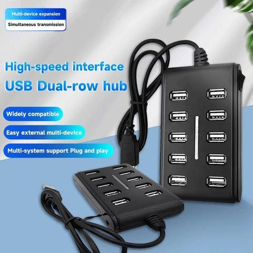 Hub 10 ports USB 2.0 haute vitesse multiple, adaptateur répartiteur, câble d'extension pour appareil d'interface PC portable-noir