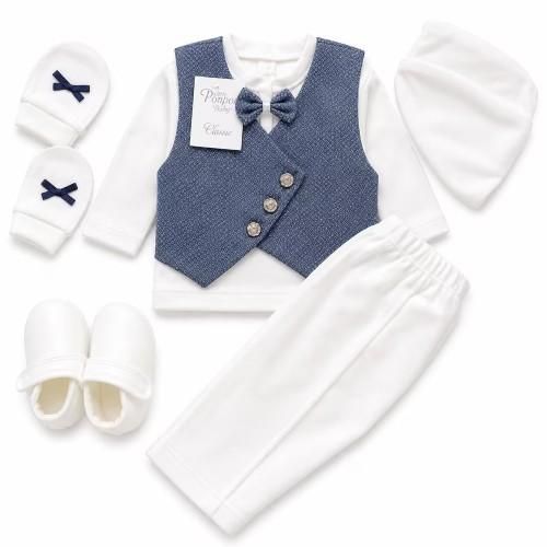 Coffret baptême Garçon – Naissance - Gilet à boutons croisés (Gilet, pantalon, bonnet, gants & chaussures) - Bleu Ciel
