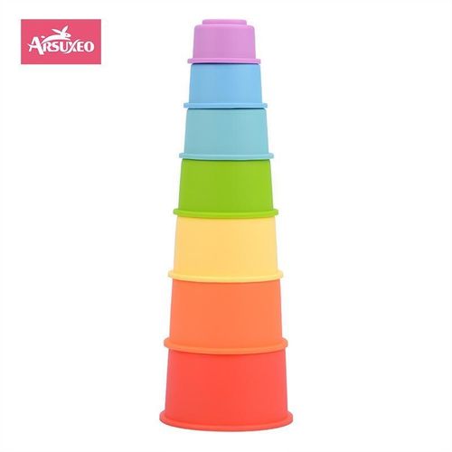 7pcs/ensemble de tasses empilables en silicone pour bébé, jouet éducatif Montessori, jouet tour à anneaux empilables