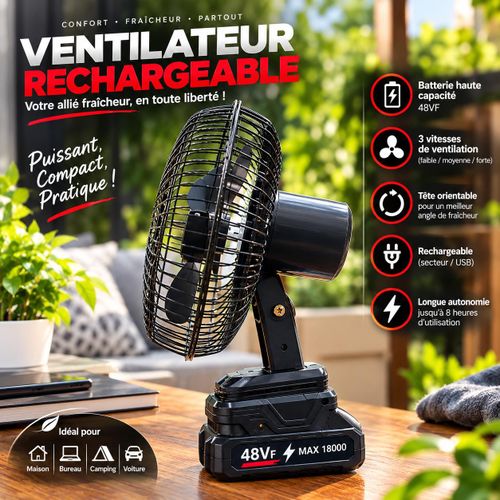 Ventilateur Rechargeable Portable 48VF MAX 18000 – Mini Ventilateur Sans Fil 3 Vitesses, Tête Orientable & Batterie Haute Capacité pour Maison, Bureau, Camping & Voiture