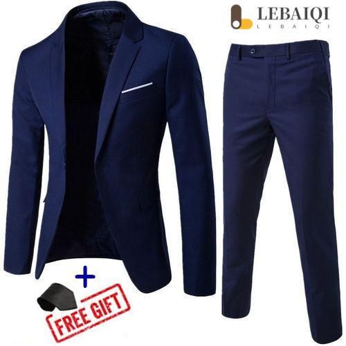 Ensemble costume deux pièces pour homme, coupe slim, tenue de mariage professionnelle boutonnée, veste et pantalon de couleur unie. + cravate - Bleu marine