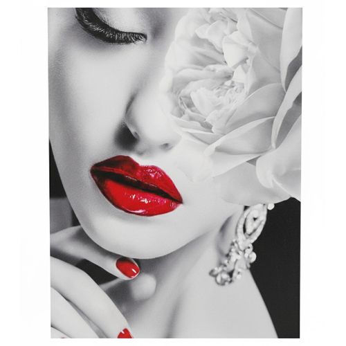 Tableau Décoratif Artistique "Beauté Fatale" - Portrait de Femme aux Lèvres Rouges Éclatantes et Rose Blanche - Toile Moderne Noir et Blanc - Déco Glamour pour Chambre et Salon