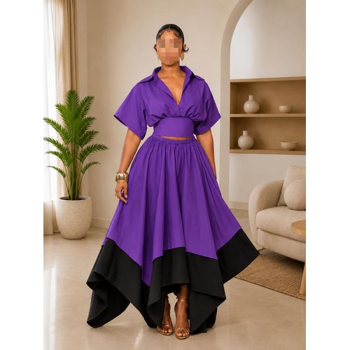 Ensemble Femme Chic 2 Pièces violet & Noir – Haut Court et Jupe Longue Asymétrique