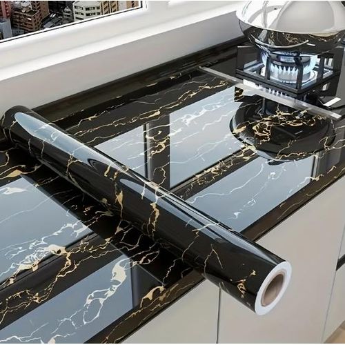 Papier peint PVC pour cuisine effet marbre noir et jaune - Résistant à l'huile et à l'eau - Résistant aux hautes températures - Repositionnable et repositionnable - 1 rouleau de 60 x 400 cm