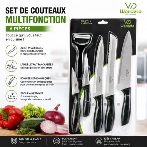 Set de Couteaux de Cuisine Multifonction – 6 Pièces – Acier Inoxydable – Noir