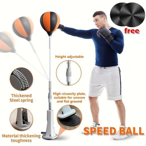 Ballon de réflexe de boxe pour intérieur conçu pour travailler la vitesse de réaction,un ballon de vitesse sur pied, durable et de haute qualité, à hauteur réglable, incluant trois patins de fixation au sol à forte adhérence.