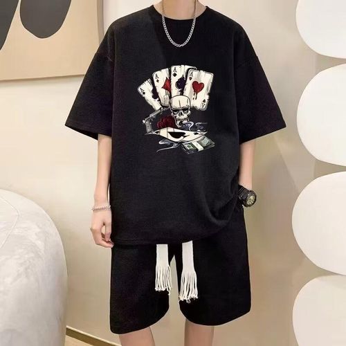 Ensemble de sport urbain pour homme - T-shirt à motif de crâne et de cartes + bermudas