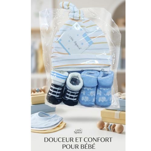 Kit Bébé : 1 Bonnet en Coton Doux + 2 Paires de Chaussons Style Baskets - Pack Naissance Garçon/Fille