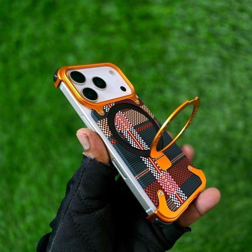 Coque iPhone 17 pro MagSafe avec Anneau Support 360° - Motif Écossais Orange - Protection Caméra Renforcée - En Métal