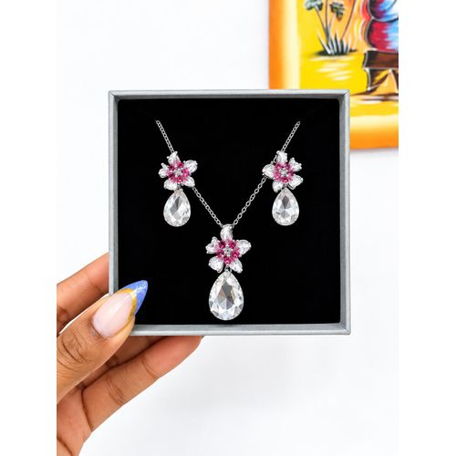 Ensemble bijou femme motif floral avec pierres cristales argentees roses