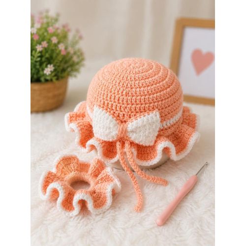 Ensemble Chapeau & Chouchou Tricoté en Laine pour Enfant Fille de 1 à 2 ans- Rose/ blanc.